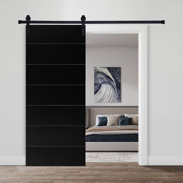 Unbranded - Modern LINE Designed 80 in. x 28 in. MDF Panel Black Painted Sliding Barn Door with Hardware Kit