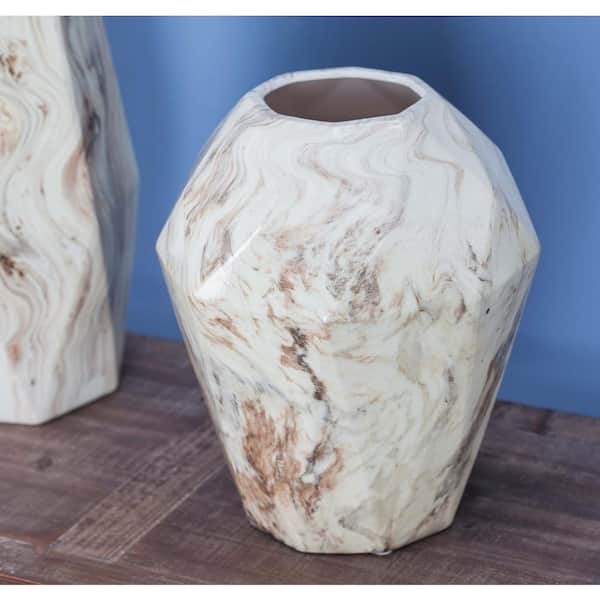 Litton Lane 12 in. Beige Marble Paneled Decorative Vase