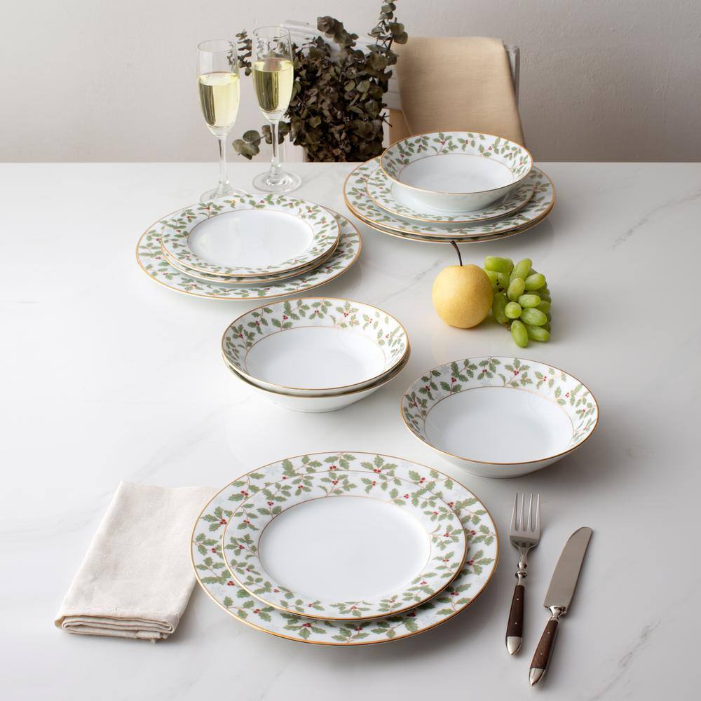 White Porcelain Soup Bowl Set with Gold Trim, Service for 4