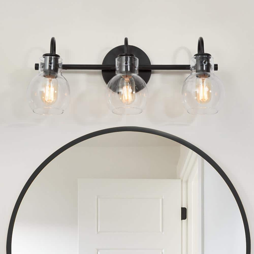 LNC Modern Industrial 22 in. 3-Light Black Bathroom Vanity Light Wall Sconce with Clear Globe Glass Shades