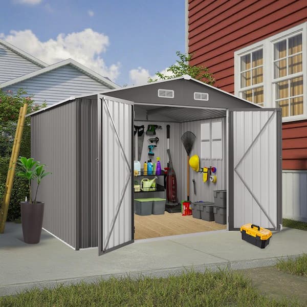 8 ft. W x 10 ft. D Metal Tool Shed with Lockable Door and Air Vent and Clear Window Gray (80 sq. ft. )