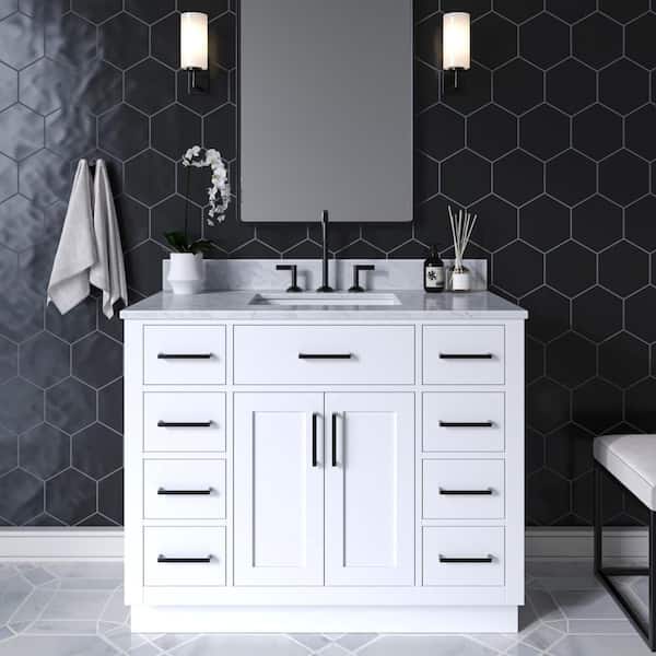 ARIEL Hepburn 43 in. W x 22 in. D x 35.25 in. H Bath Vanity in White with Carrara Marble Vanity Top in White with White Basin