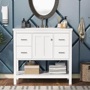 18 in. W x 36 in. D x 34 in. H Freestanding Bath Vanity in White with White Resin Top Single Sink