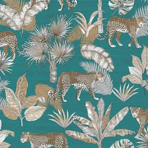 Teal Jungle Prowess Easy to Remove Animal Print Shelf Liner Non-Woven Wallpaper, Double Roll