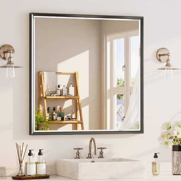 2-Pack 36 in. W x 36 in. H Framed Brushed Nickel Wall-Mounted Beveled Frame Bathroom Vanity Mirror, Brushed Black