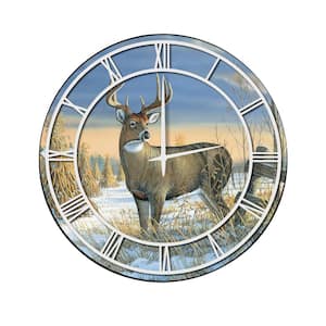 "Whitetail Deer in Winter" Full Coverage Art and White Numbers Imaged Wall Clock