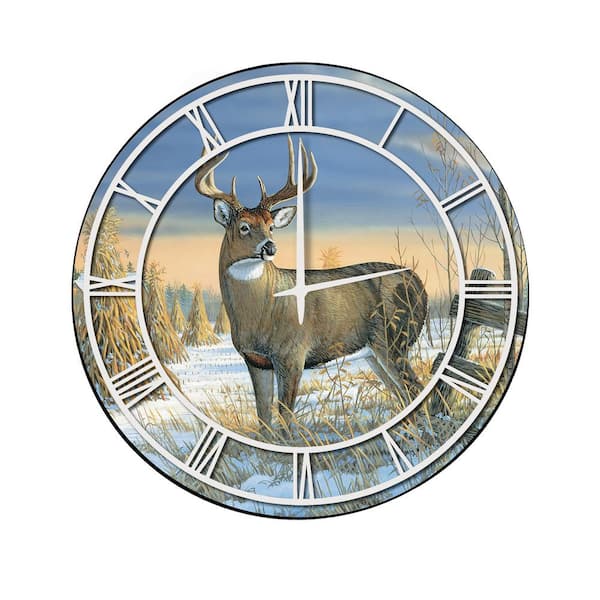 Unbranded "Whitetail Deer in Winter" Full Coverage Art and White Numbers Imaged Wall Clock