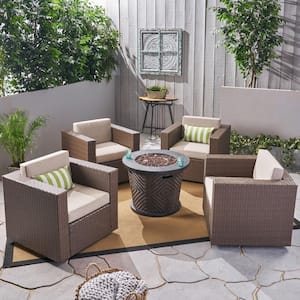 Pollock Brown 5-Piece Faux Rattan Patio Fire Pit Set with Ceramic Grey Cushions