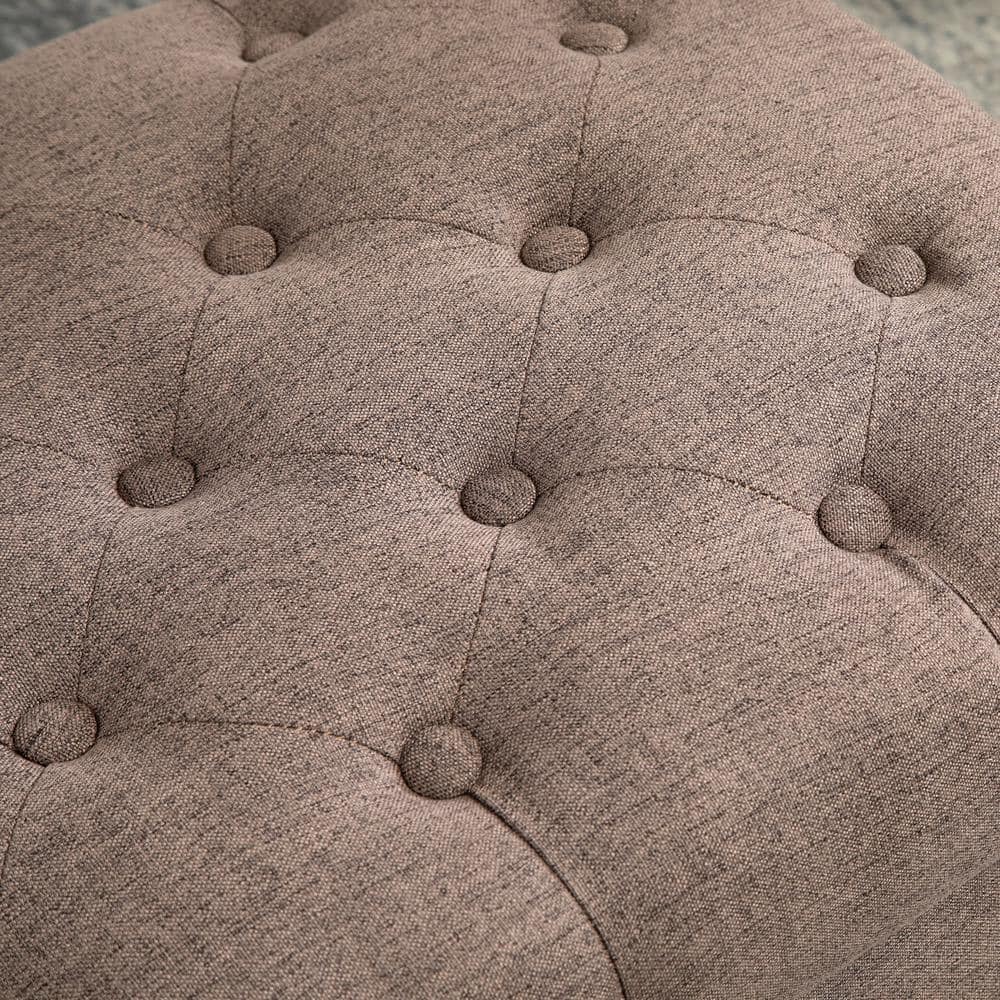 Taupe Tufted Fabric Ottoman with Turned Wood Legs