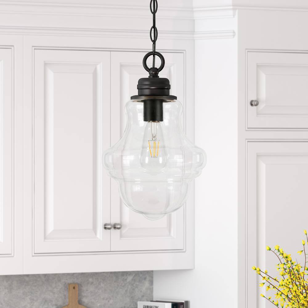 Clear Glass and Bronze Schoolhouse Pendant Light