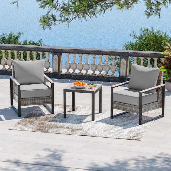 3 Pieces Patio Conversation Set with Side Table All-Weather Gray PE Wicker Chair with Gray Cushion