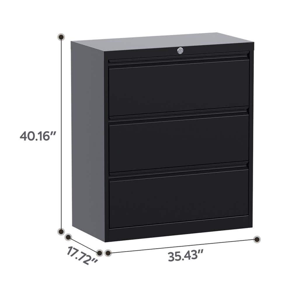 Black Steel 3-Drawer Lockable Lateral Filing Cabinet