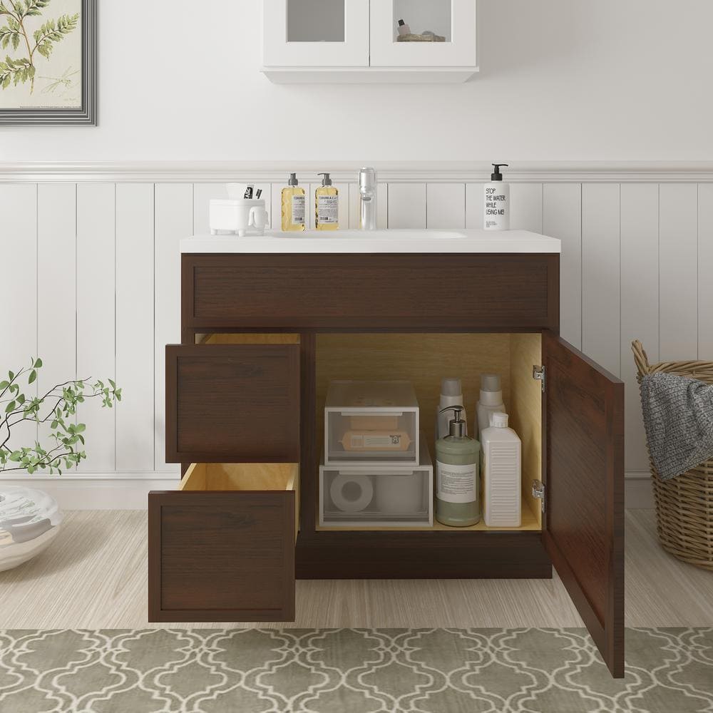 36" Brown Birch Plywood Freestanding Single Base Cabinet with Soft Close Door