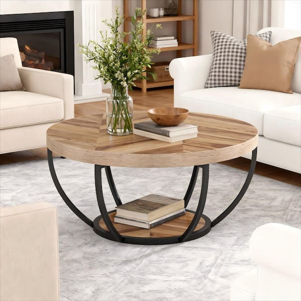 31.7 in. Farmhouse Brown Round Wood Coffee Table with Storage, 2-Tier Small Modern Center Table for Living Room, Office