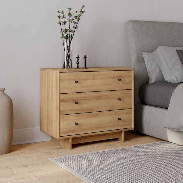 Prepac Finnley Natural Oak 3-Drawer 31 in. W Nightstand, Dresser for Bedroom Nightstand Bedside Table End Table with 3-Drawers