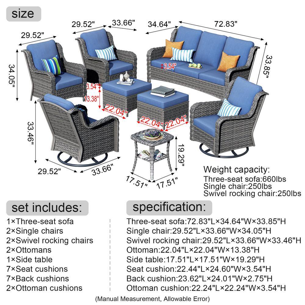 Orlando 8-Piece Denim Blue Cushioned Wicker Patio Sofa Set