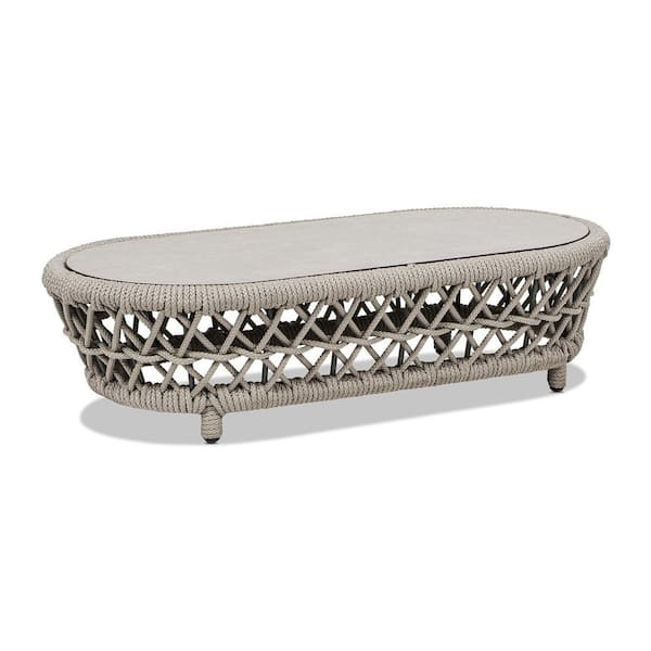 Everly 43.5 in Oval Woven Patio Coffee Table in Light Beige Olefin