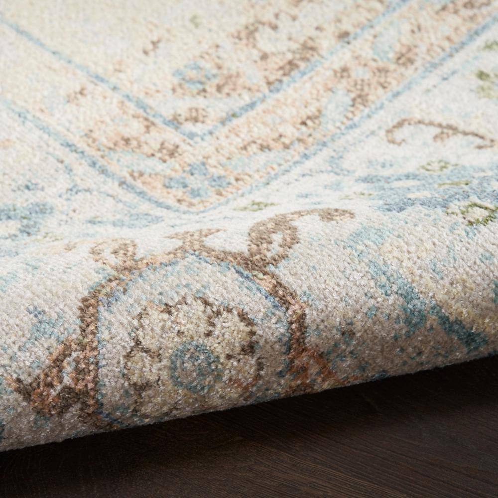 Ivory Blue Round Medallion Machine Washable Area Rug