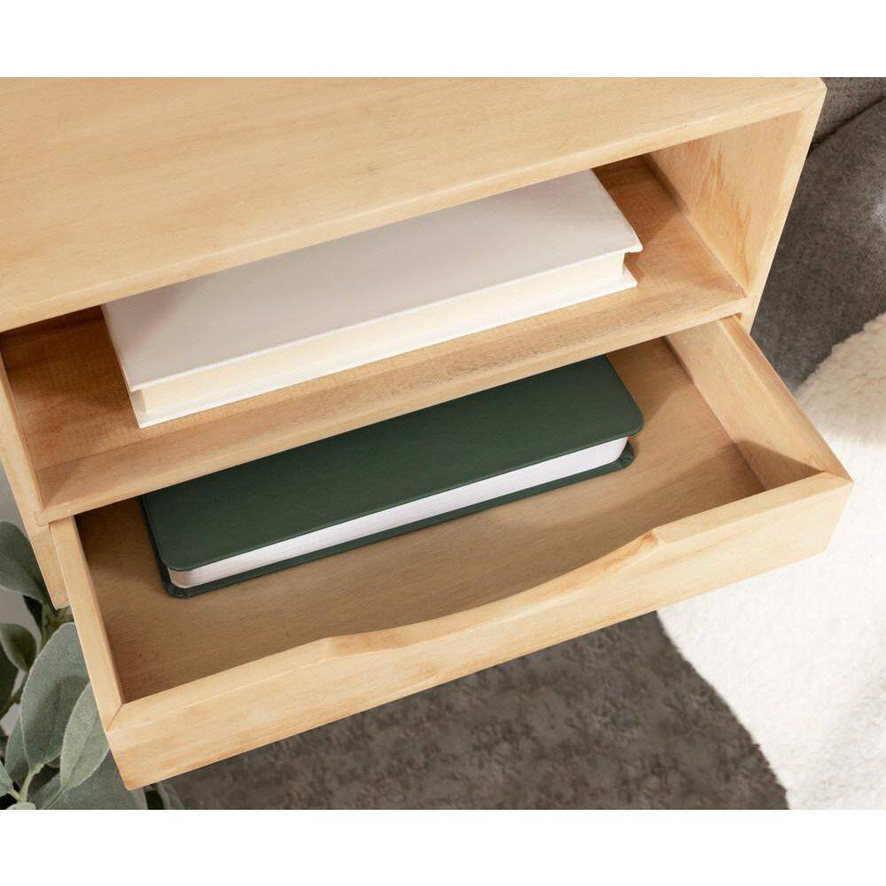 Natural Wood Floating Shelf with Drawer and Cubby