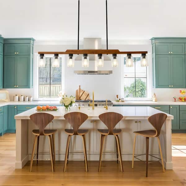 8-Light Large Kitchen Island Light Farmhouse Black Chandelier Rustic Wood Pendant Light Fixtures with Seeded Glass Shade