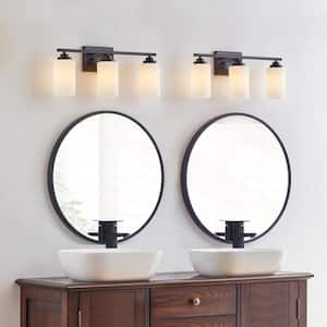 22 in. 3-Light Black Vanity Light with Frosted White Glass Shade