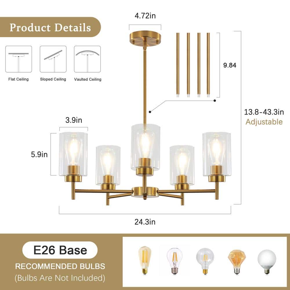 Gold and Clear Glass 5-Light Kitchen Island Chandelier