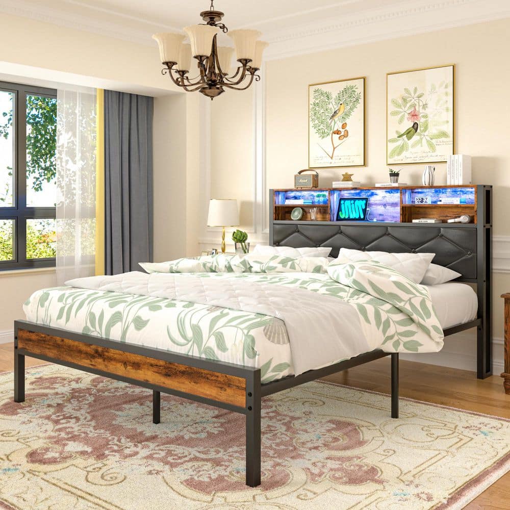 Bed Frame with Headboard, Brown Metal Frame Queen Platform Bed with USB Charging, LED Lights, No Box Spring Needed - thumbnail 10