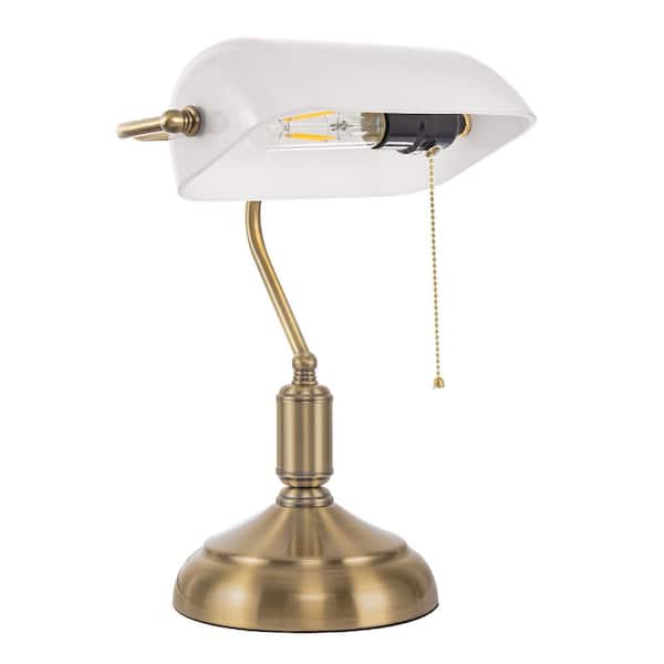 YANSUN 15 in. Vintage Task and Reading Bankers Lamp with White Glass Shade Gold Finish Pull Chain for Office Study Room Library