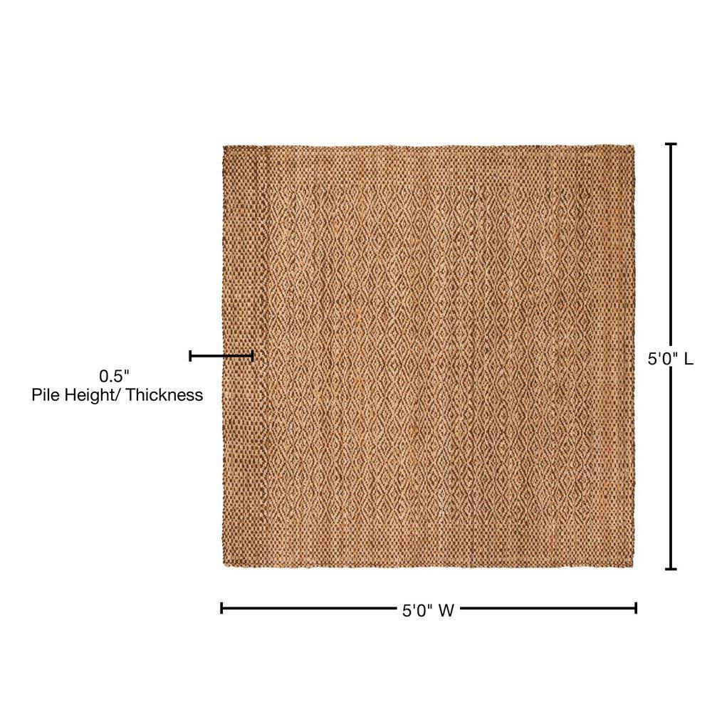 Hand-Knotted Geometric Jute 5' Square Area Rug in Natural/Brown