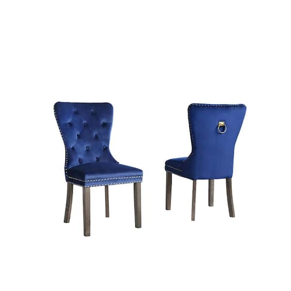 Best Quality Furniture Mario Navy Blue Velvet Wooden Legs Dining Chairs (Set of 2)