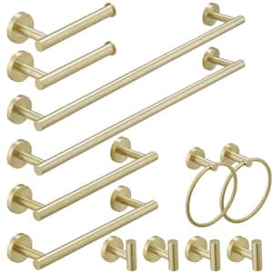 12-Piece Bath Hardware Set with Towel Ring Toilet Paper Holder Towel Hook Towel Bar Included Wall Mount in Brushed Gold