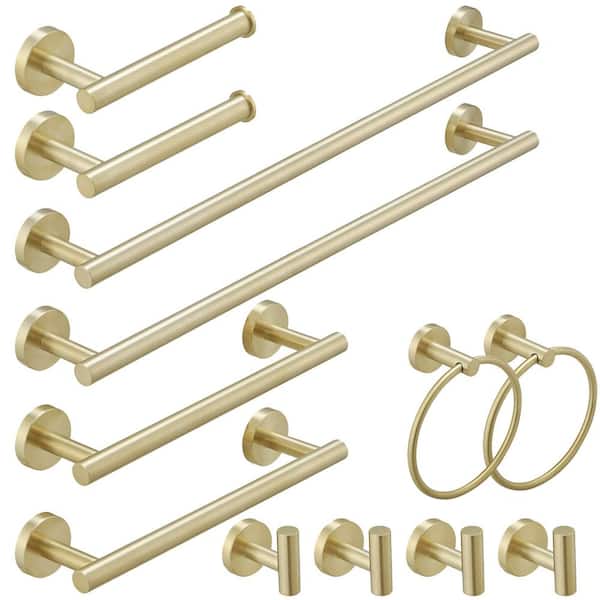 12-Piece Bath Hardware Set with Towel Ring Toilet Paper Holder Towel Hook Towel Bar Included Wall Mount in Brushed Gold