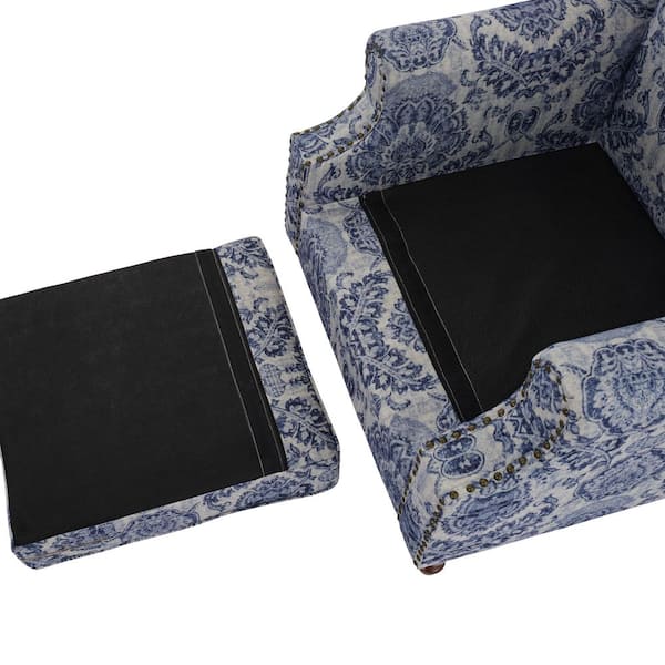 Uixe Retro Navy Blue Floral Pattern Linen Nailhead Trim