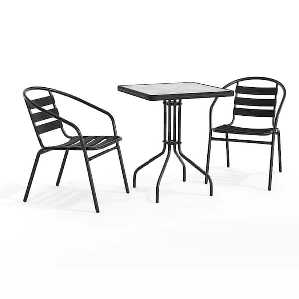 3-Piece Glass Square Outdoor Bistro Set in Clear/Black