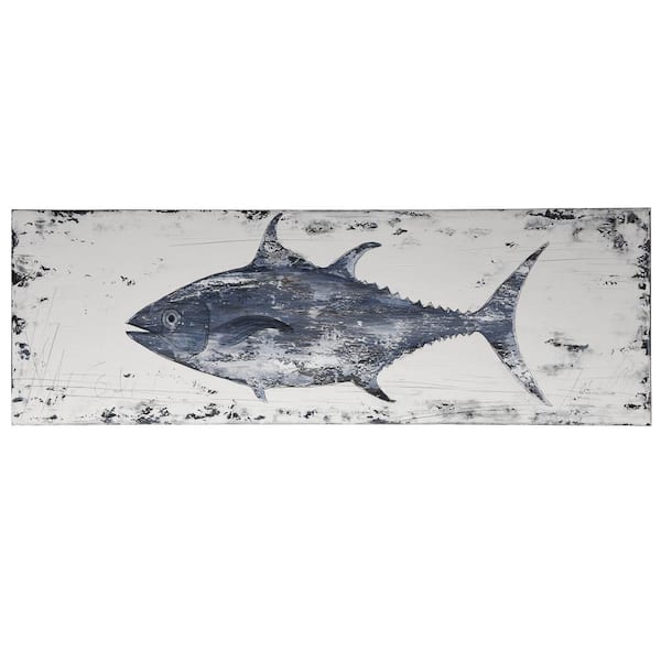 Anglo "Rustic Tuna" Coastal Handmade Oil Painting Unframed Animal Wall Art 20 in. x 59 in. .