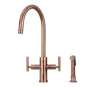Double Handle Deck Mounted Standard Kitchen Faucet in Antique Copper with Side Spray