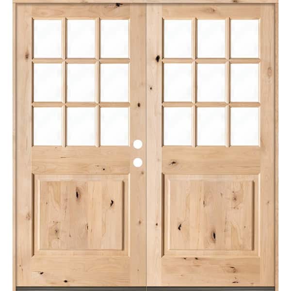 Krosswood Doors 72 in. x 80 in. Craftsman Knotty Alder 9-Lite Clear Glass Unfinished Wood Left Active Inswing Double Prehung Front Door