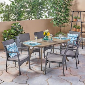 Landon Gray 7-Piece Wood and Faux Rattan Outdoor Dining Set with Gray Cushions