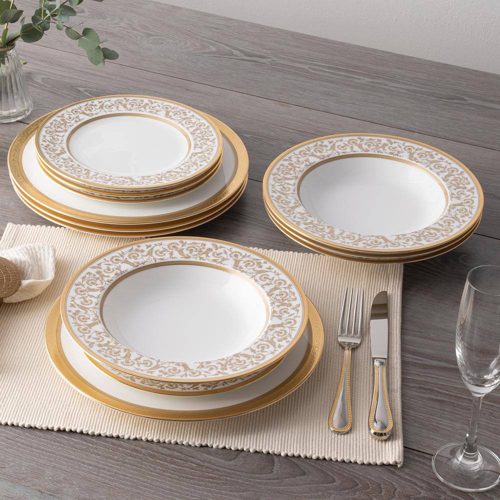 Gold Trimmed Floral Porcelain 12-Piece Dinnerware Set