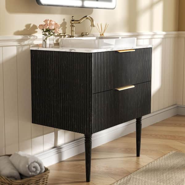 30 in. W Bath Vanity in Black with White Cultured Marble Top and Vessel Sink, Solid Wood Legs (Assembled)
