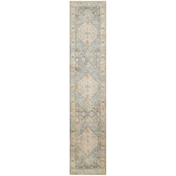 Nourison Astra Machine Washable Silver Blue 2 ft. x 10 ft. Center medallion Traditional Runner Area Rug