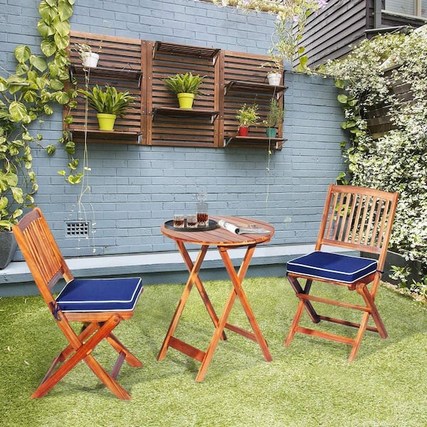 Unbranded Natural 3-Piece Wood Outdoor Bistro Set with Navy Blue Cushion for Garden Yard