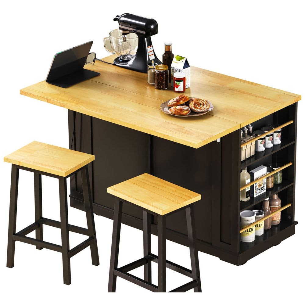 H2O 48 in. Black Kitchen Cart Island with Drop Leaf, 2 Bar Stools, Internal