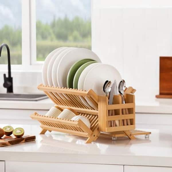 Natural Finish Collapsible 3-Tier Dish Rack with Utensil Holder Large Folding Drying Holder for Kitchen Counter