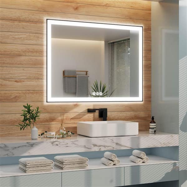 48 in. W x 36 in. H Rectangular Framed LED Light with 3-Color and Anti-Fog Wall Mount Bathroom Vanity Mirror in Black