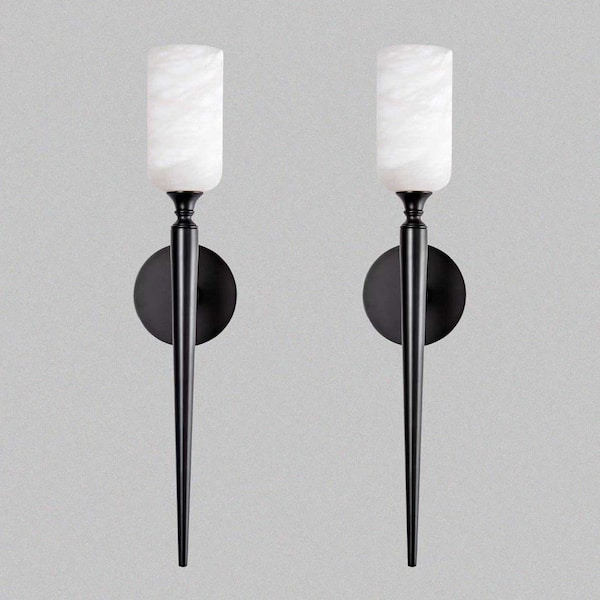 YUYI 22 in. 1-Light Black LED Wall Sconce, Natural Alabaster Modern Wall Light for Bedroom, Bathroom, Living Room (Set of 2)