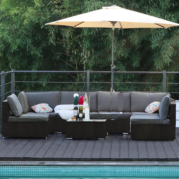 Sudzendf Black 7-Piece Wicker Patio Conversation Set, Sofa Set with Gray Cushions, Glass Table and Fire Pit