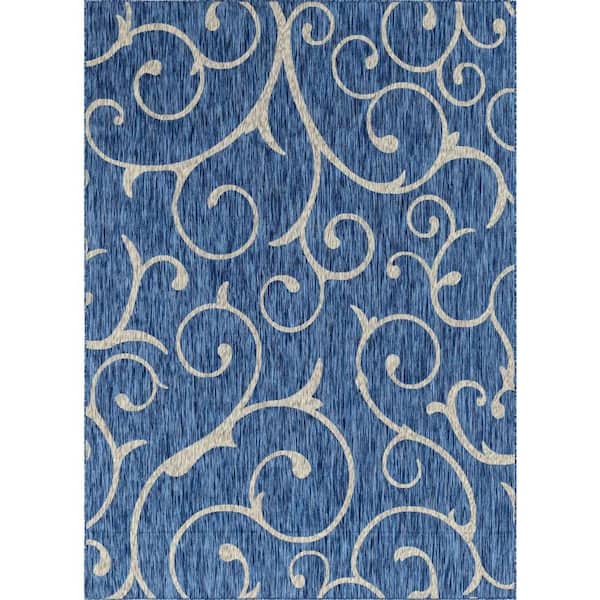 Unique Loom Outdoor Curl Azure Blue 7 ft. x 10 ft. Area Rug