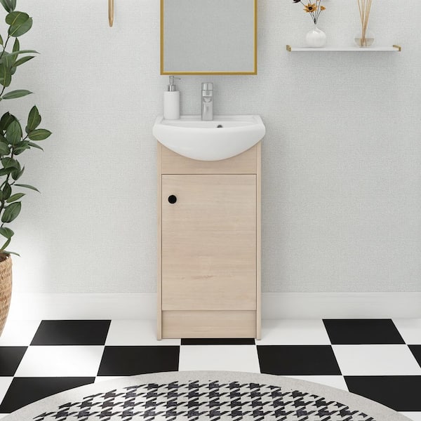 18 in. W x 15 in. D x 35 in. H Single Sink Freestanding Bath Vanity in Plain Light Oak with White Ceramic Sink Top