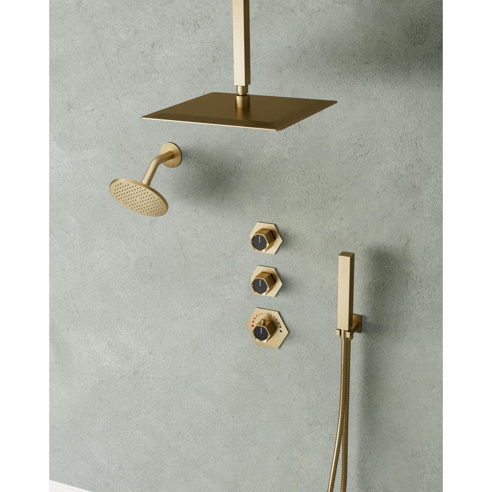 Brushed Gold Thermostatic Dual Showerhead System with Handheld Spray
